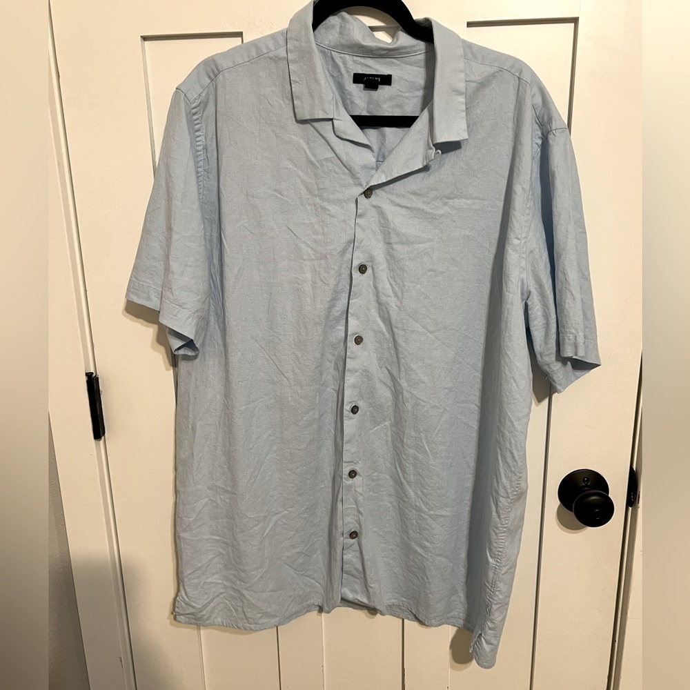 Men's Alfani Solid Linen Blend Blue Button Up Short Sleeve Shirt Size XXL